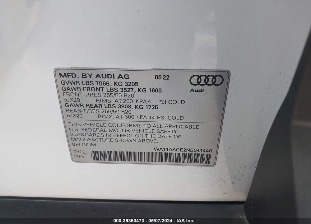 2022 AUDI E-TRON SPORTBACK PREMIUM S LINE QUATTRO VIN: WA11AAGE2NB041440