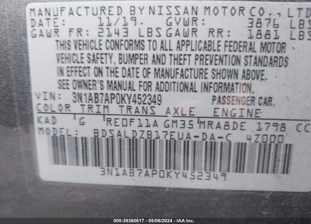 2019 NISSAN SENTRA SV VIN: 3N1AB7AP0KY452349