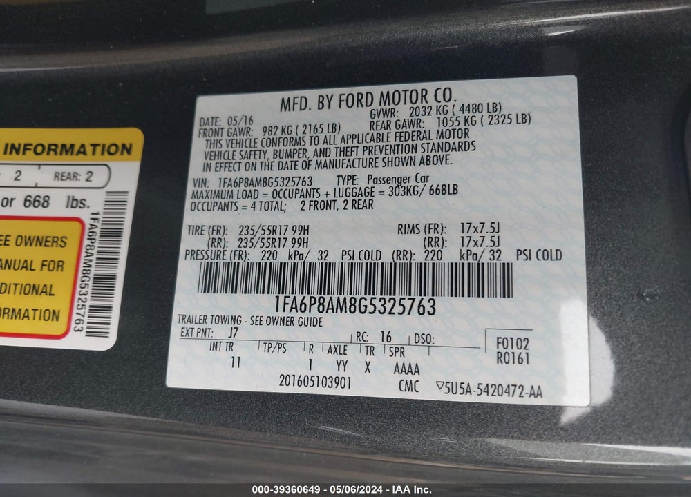 2016 FORD MUSTANG V6 VIN: 1FA6P8AM8G5325763
