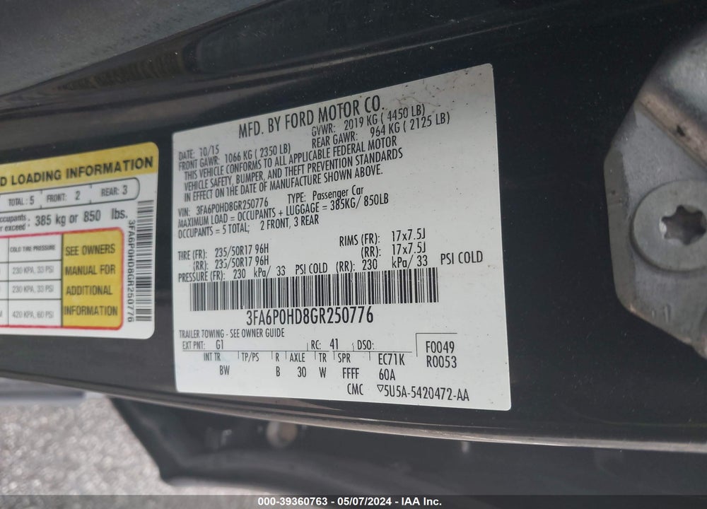 2016 FORD FUSION SE VIN: 3FA6P0HD8GR250776