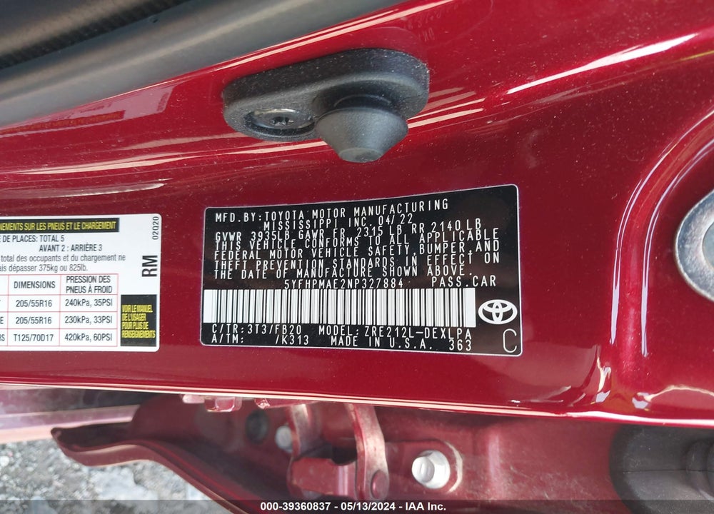 2022 TOYOTA COROLLA LE VIN: 5YFHPMAE2NP327884