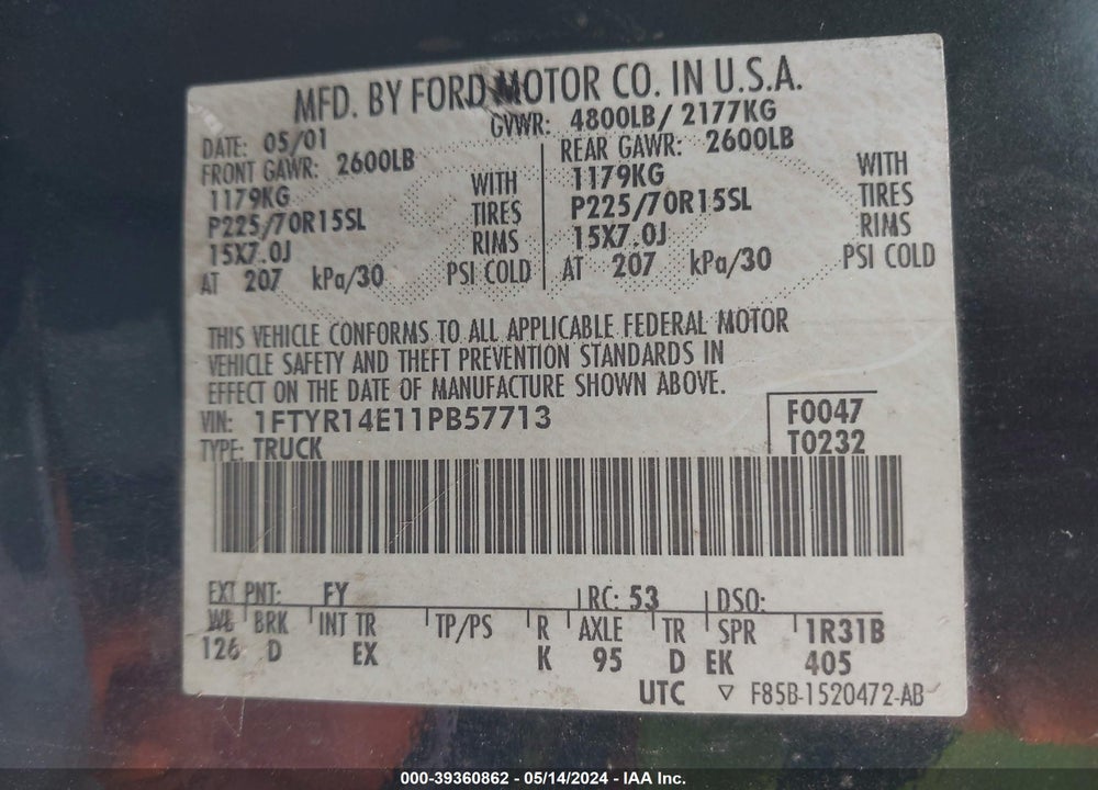 2001 FORD RANGER EDGE/XLT VIN: 1FTYR14E11PB57713