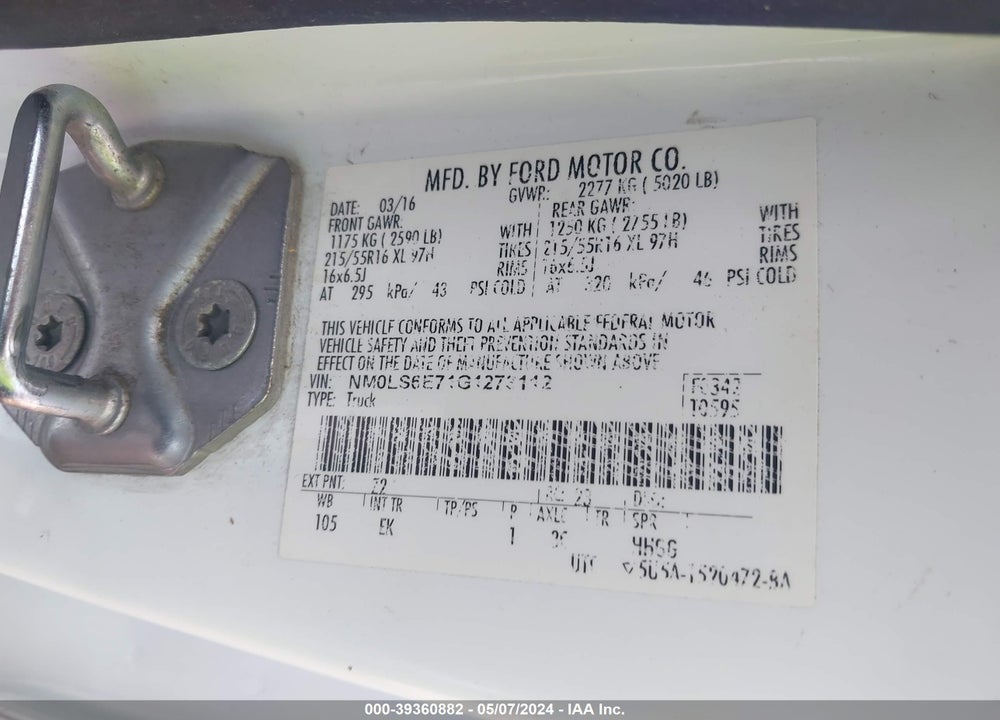 2016 FORD TRANSIT CONNECT XL VIN: NM0LS6E71G1273112