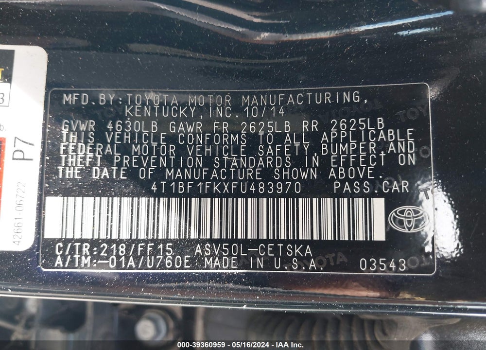 2015 TOYOTA CAMRY SE VIN: 4T1BF1FKXFU483970