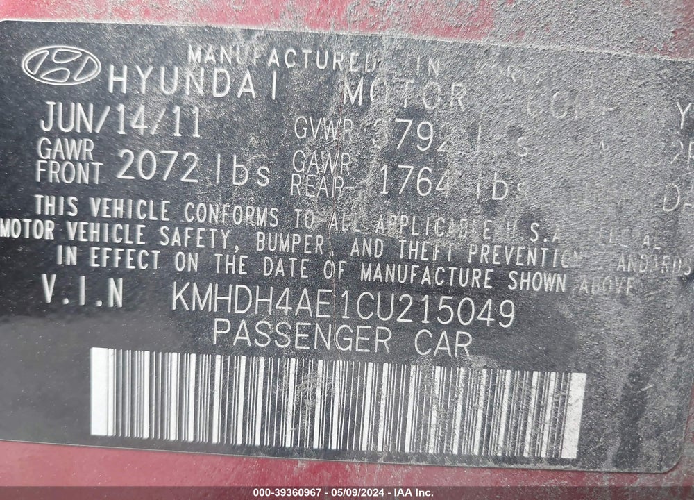 2012 HYUNDAI ELANTRA LIMITED (ULSAN PLANT) VIN: KMHDH4AE1CU215049