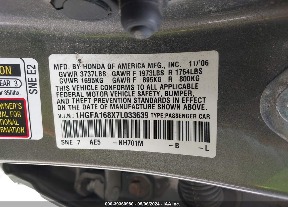 2007 HONDA CIVIC EX VIN: 1HGFA168X7L033639