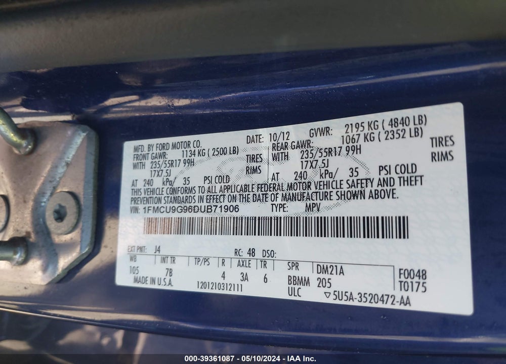 2013 FORD ESCAPE VIN: 1FMCU9G96DUB71906