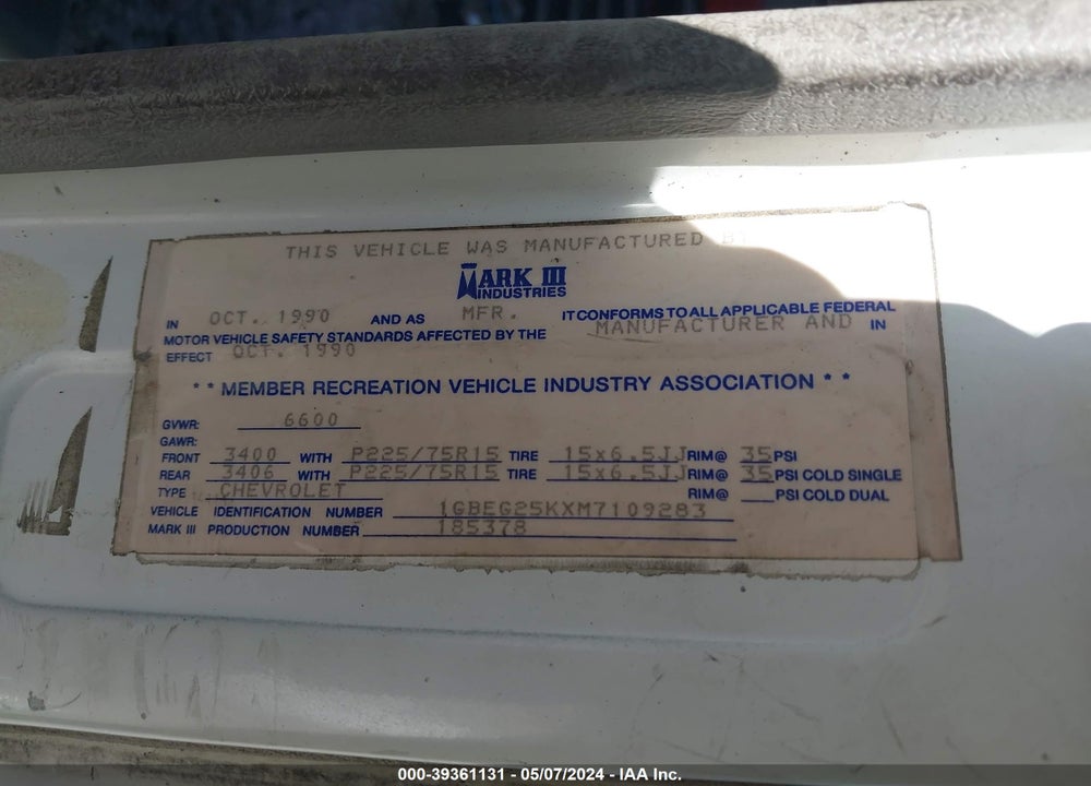 1991 CHEVROLET G20 VIN: 1GBEG25KXM7109283