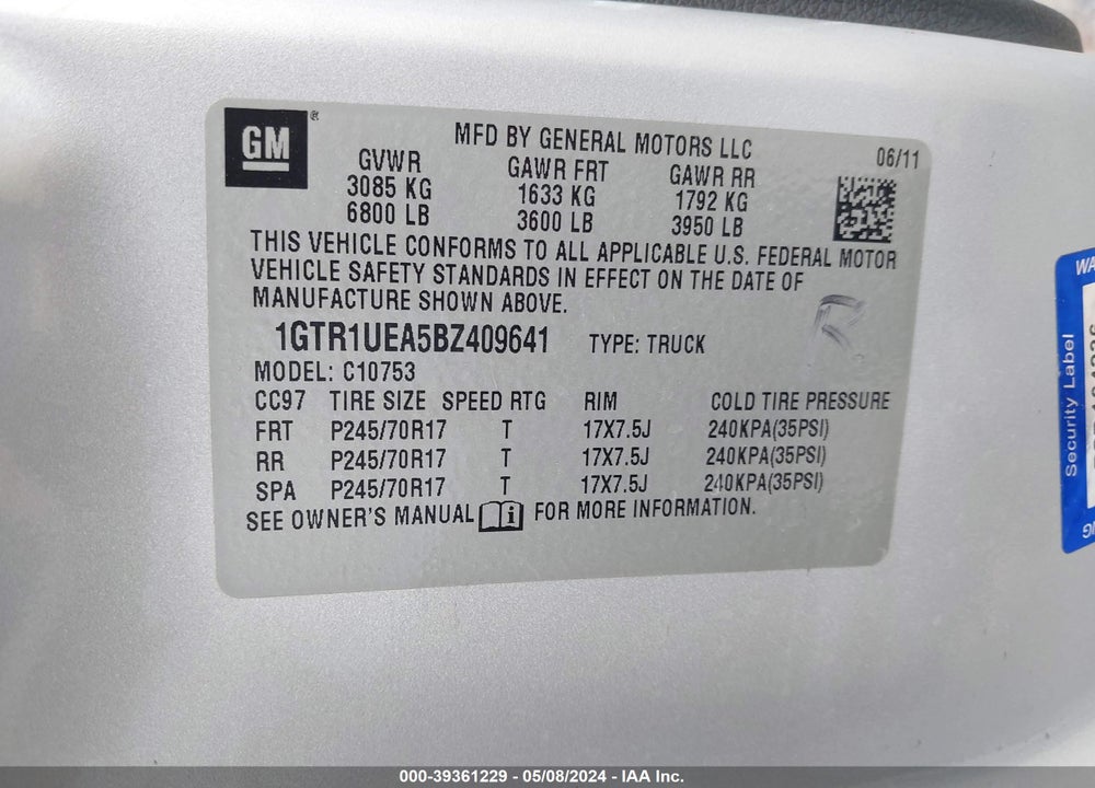 2011 GMC SIERRA 1500 SL VIN: 1GTR1UEA5BZ409641