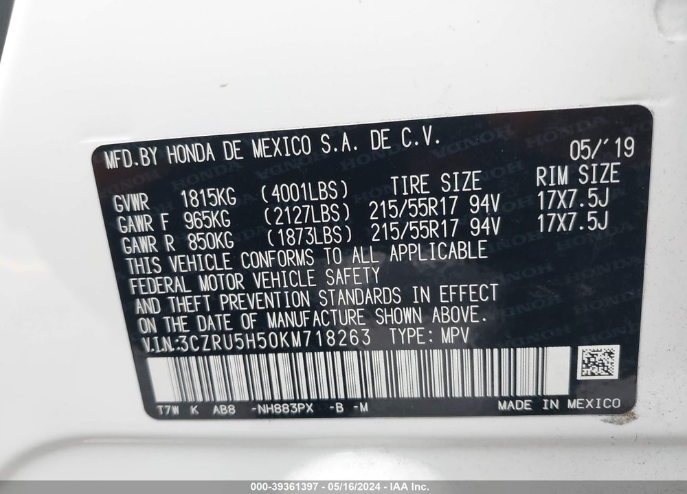 2019 HONDA HR-V EX VIN: 3CZRU5H50KM718263
