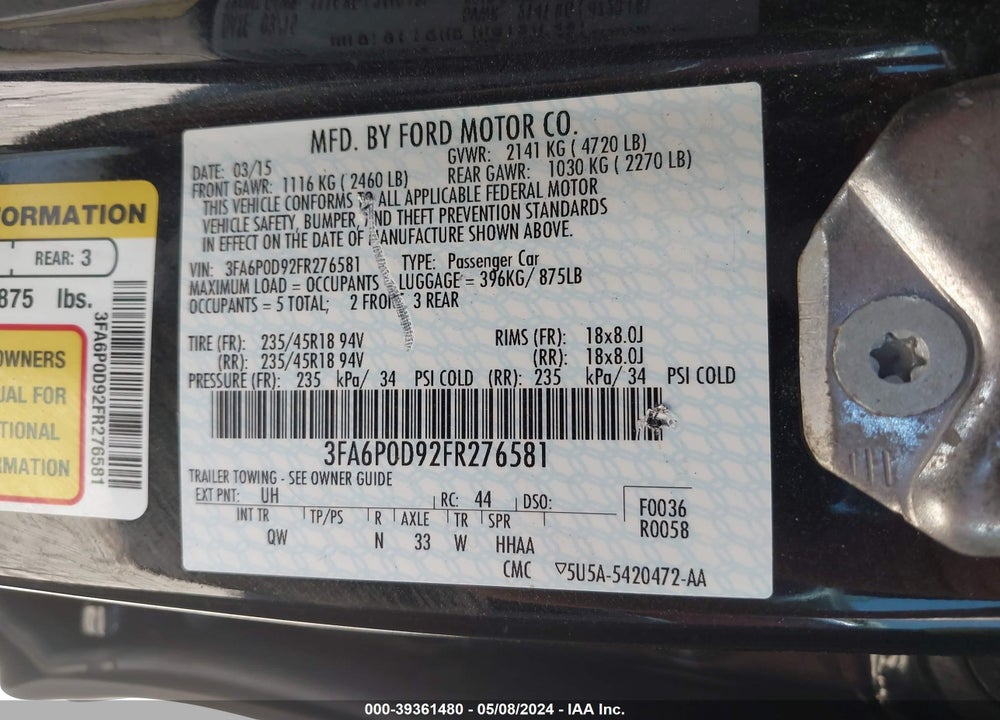 2015 FORD FUSION TITANIUM VIN: 3FA6P0D92FR276581