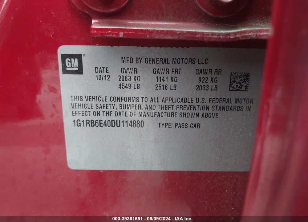 2013 CHEVROLET VOLT VIN: 1G1RB6E40DU114880