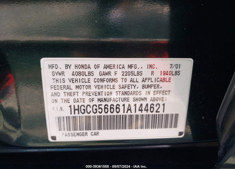 2001 HONDA ACCORD VIN: 1HGCG56661A144621