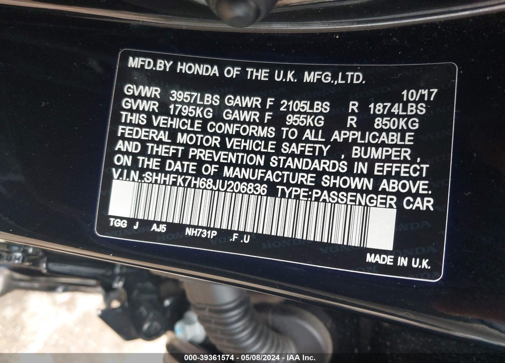 2018 HONDA CIVIC EX VIN: SHHFK7H68JU206836