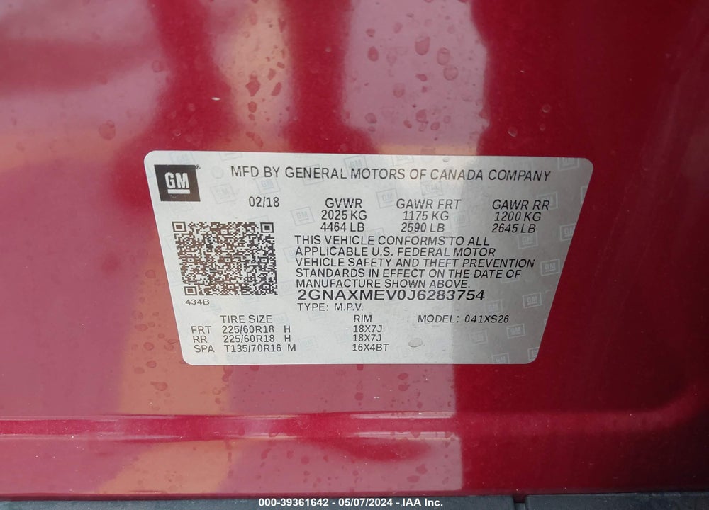 2018 CHEVROLET EQUINOX PREMIER VIN: 2GNAXMEV0J6283754