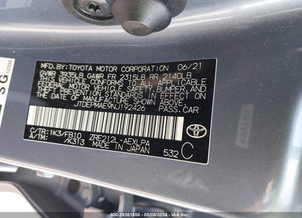 2022 TOYOTA COROLLA LE VIN: JTDEPMAE9NJ192426
