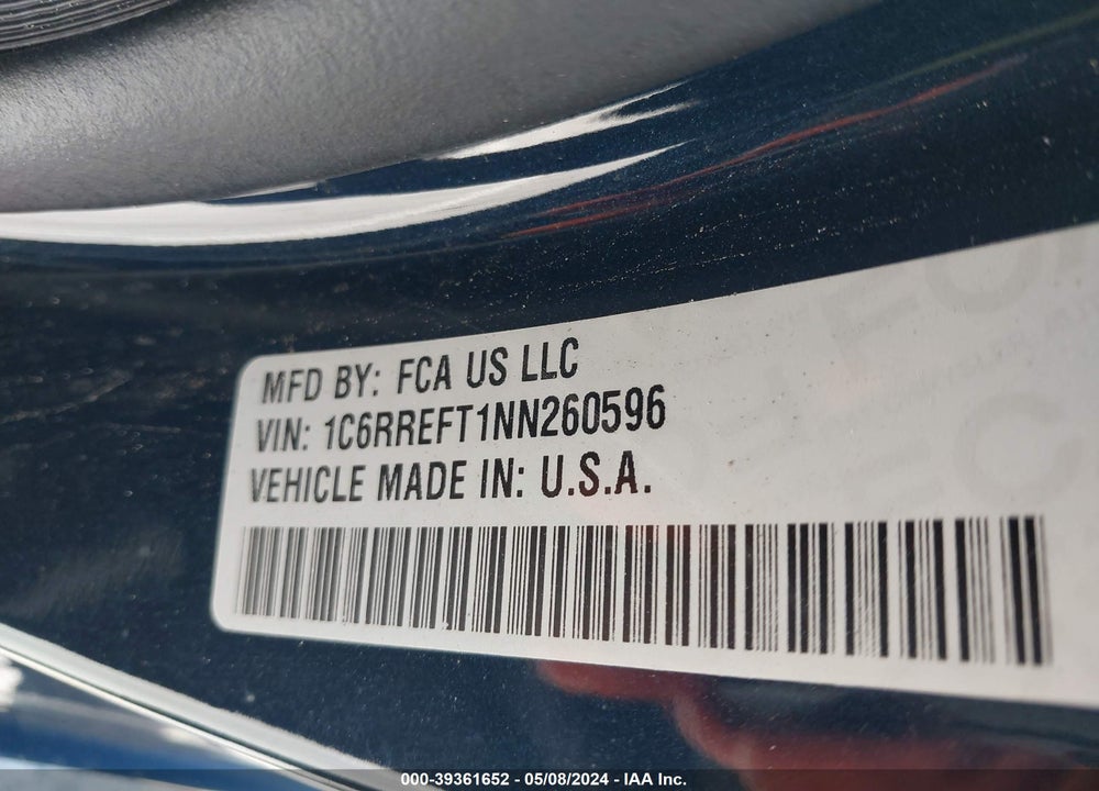 2022 RAM 1500 BIG HORN 4X2 5'7 BOX VIN: 1C6RREFT1NN260596