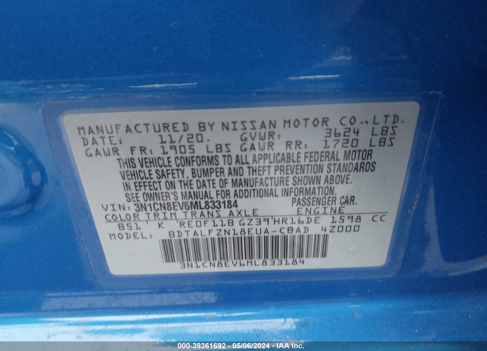 2021 NISSAN VERSA SV XTRONIC CVT VIN: 3N1CN8EV6ML833184