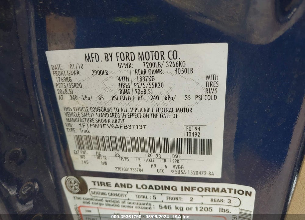 2010 FORD F-150 FX4/HARLEY-DAVIDSON/KING RANCH/LARIAT/PLATINUM/XL/XLT VIN: 1FTFW1EV6AFB37137