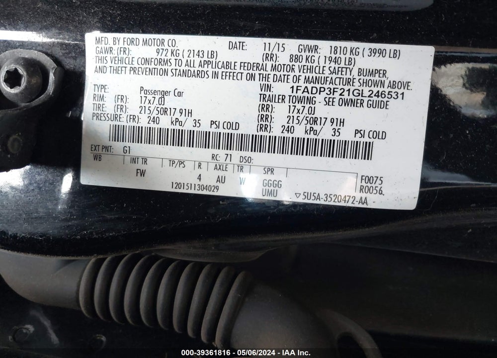 2016 FORD FOCUS SE VIN: 1FADP3F21GL246531
