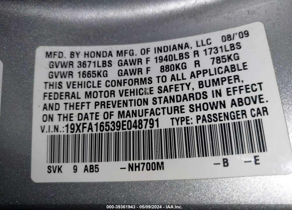 2009 HONDA CIVIC LX VIN: 19XFA16539E048791