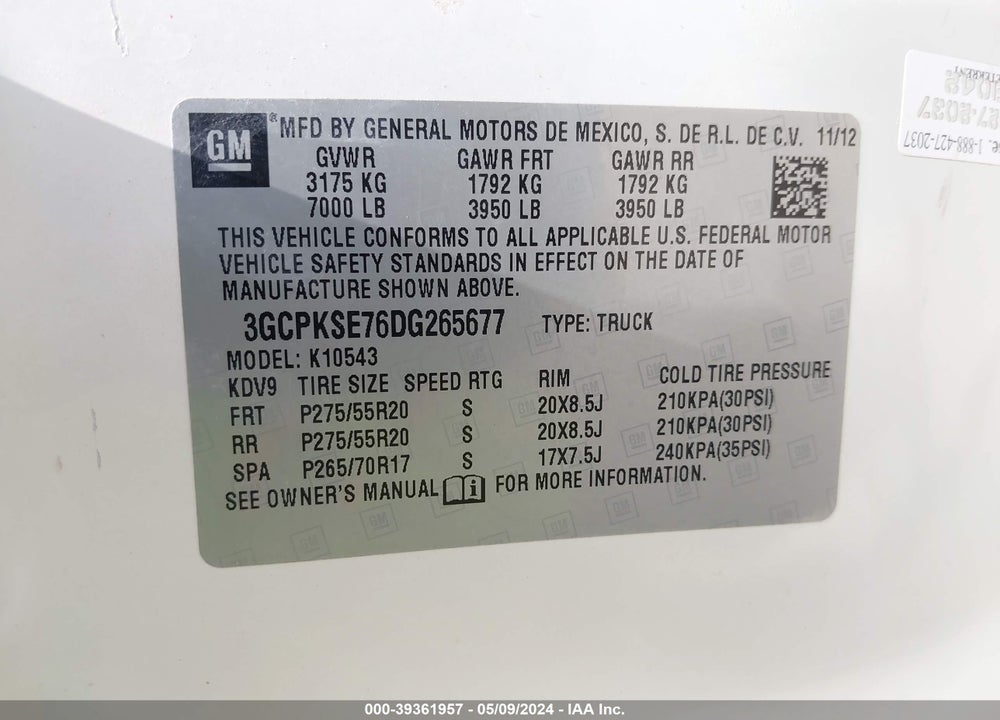 2013 CHEVROLET SILVERADO 1500 LT VIN: 3GCPKSE76DG265677