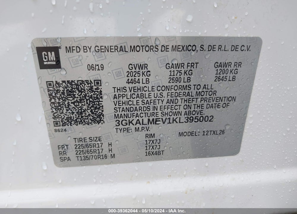 2019 GMC TERRAIN SLE VIN: 3GKALMEV1KL395002