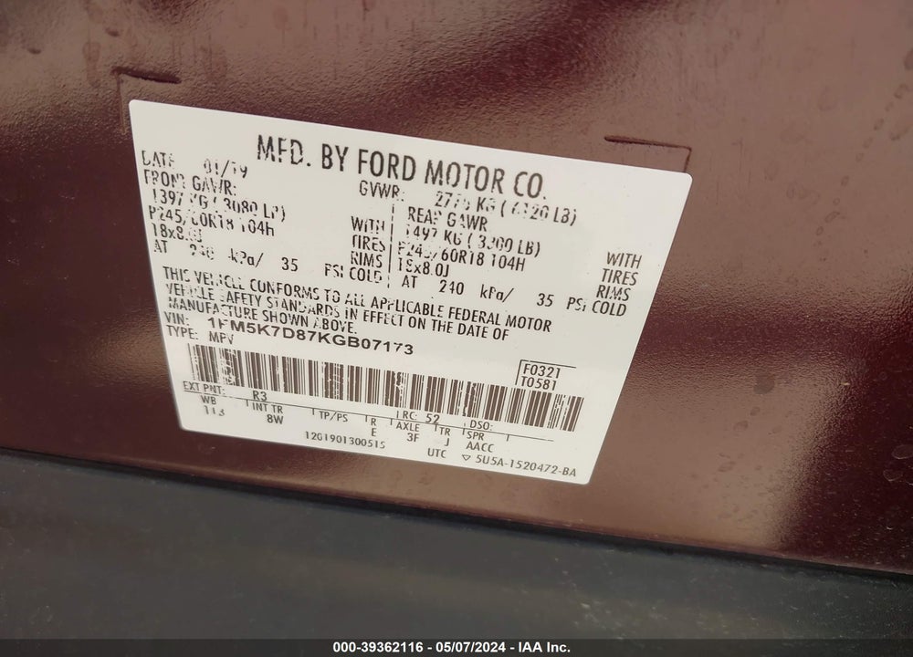 2019 FORD EXPLORER XLT VIN: 1FM5K7D87KGB07173