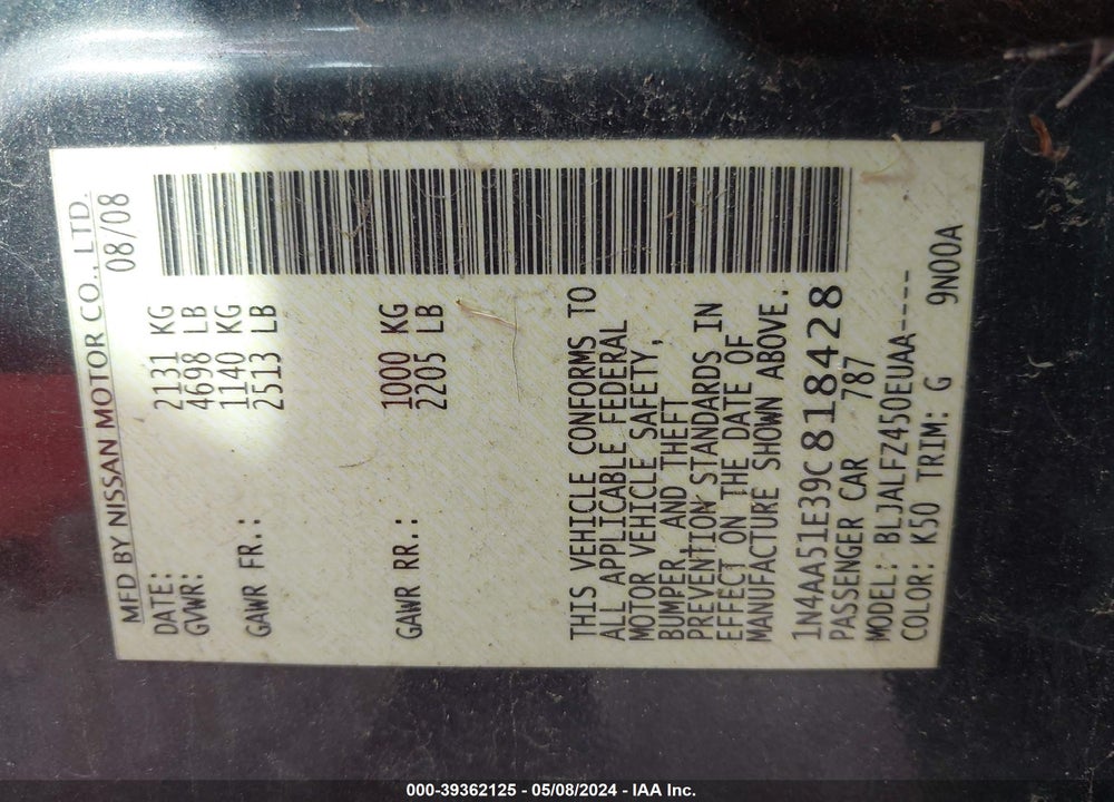 2009 NISSAN MAXIMA 3.5 SV VIN: 1N4AA51E39C818428