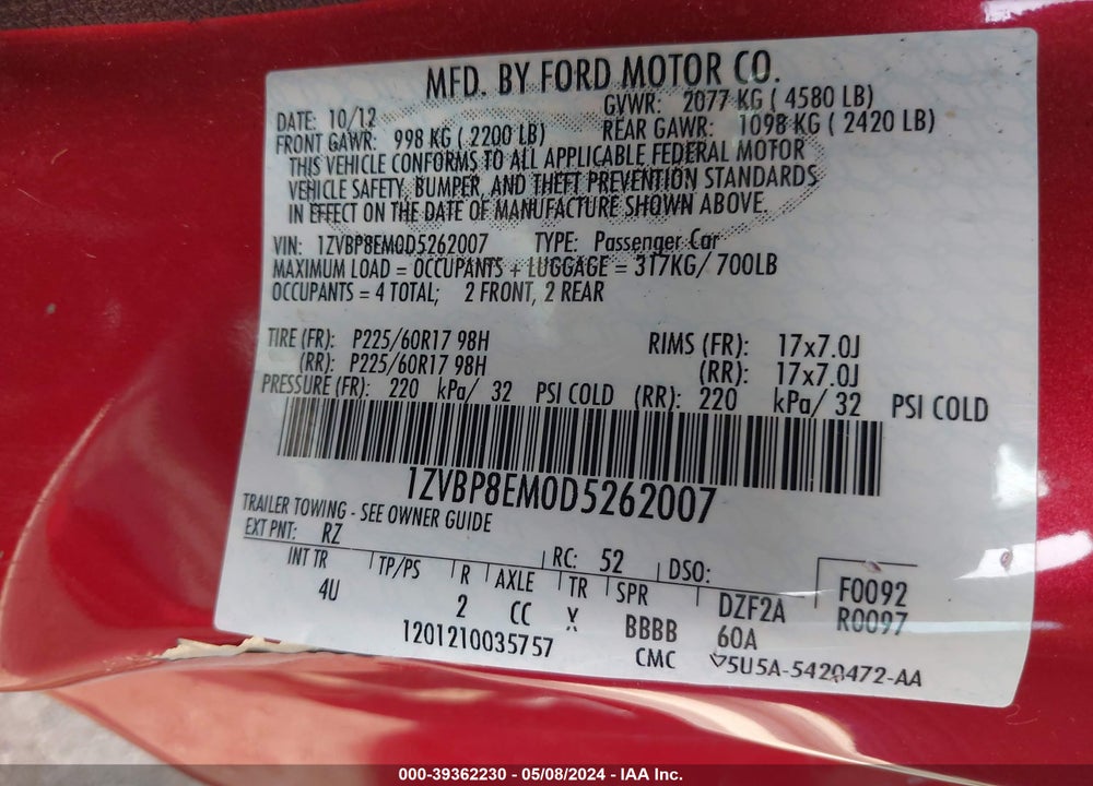 2013 FORD MUSTANG V6 PREMIUM VIN: 1ZVBP8EM0D5262007