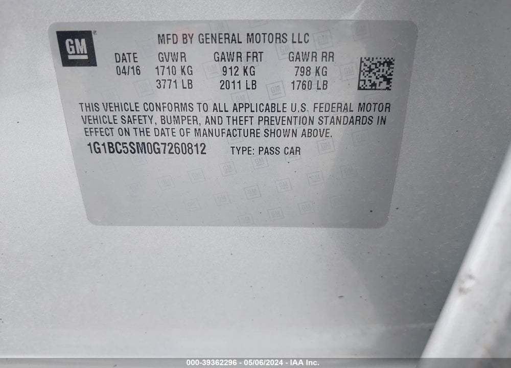 2016 CHEVROLET CRUZE LS AUTO VIN: 1G1BC5SM0G7260812