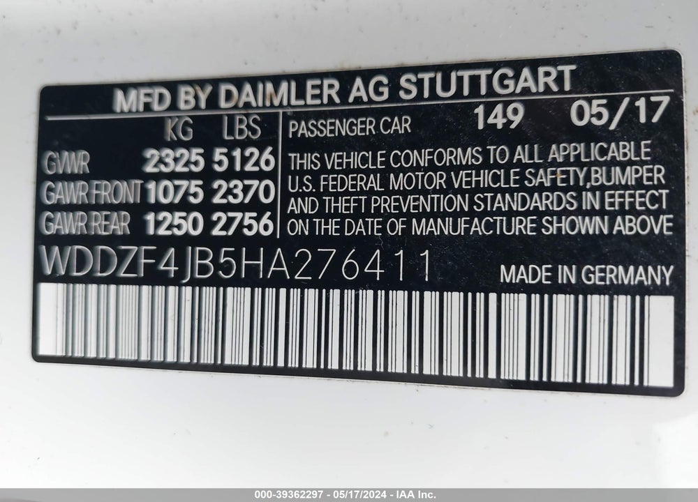 2017 MERCEDES-BENZ E 300 VIN: WDDZF4JB5HA276411