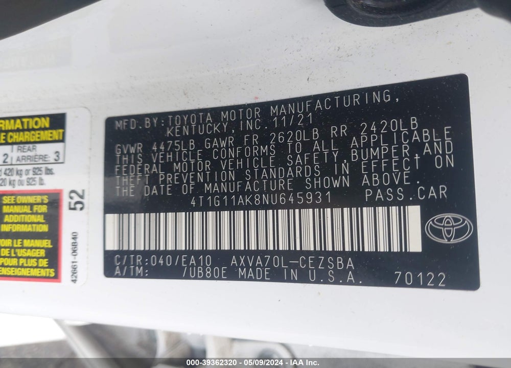 2022 TOYOTA CAMRY VIN: 4T1G11AK8NU645931