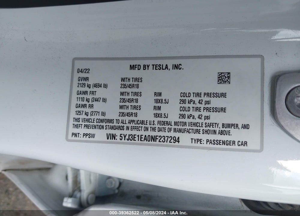 2022 TESLA MODEL 3 REAR-WHEEL DRIVE VIN: 5YJ3E1EA0NF237294
