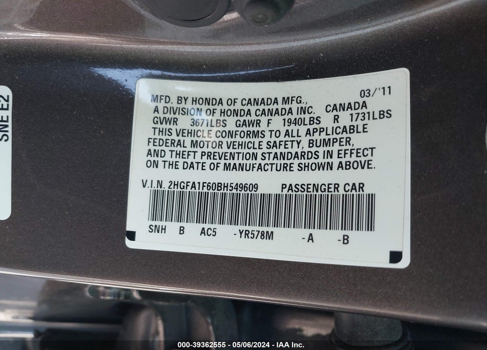 2011 HONDA CIVIC LX-S VIN: 2HGFA1F60BH549609