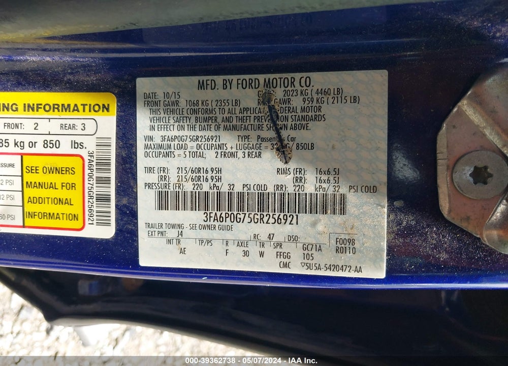 2016 FORD FUSION VIN: 3FA6P0G75GR256921