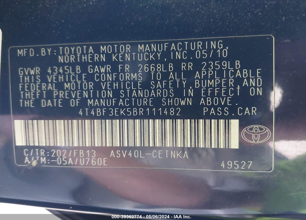 2011 TOYOTA CAMRY VIN: 4T4BF3EK5BR111482