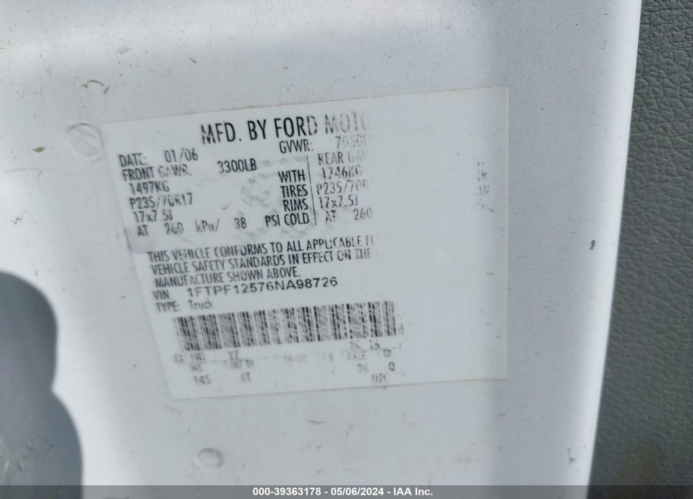 2006 FORD F-150 XL/XLT VIN: 1FTPF12576NA98726