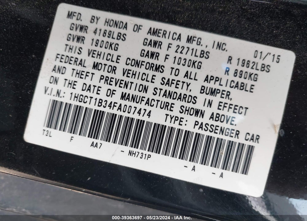 2015 HONDA ACCORD LX-S VIN: 1HGCT1B34FA007474