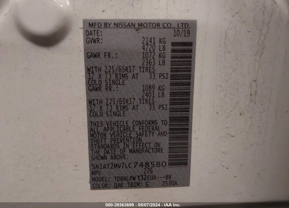 2020 NISSAN ROGUE S INTELLIGENT AWD VIN: 5N1AT2MV7LC748580