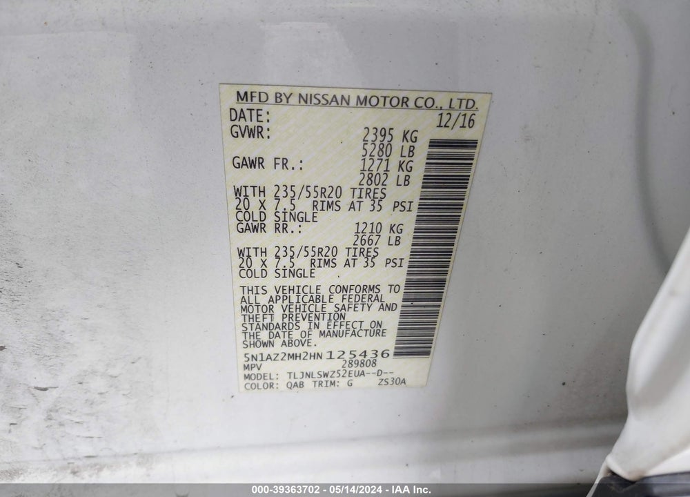 2017 NISSAN MURANO PLATINUM VIN: 5N1AZ2MH2HN125436