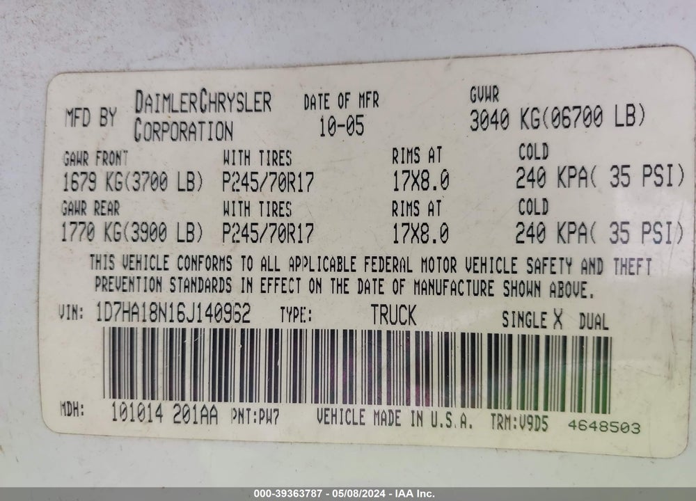 2006 DODGE RAM 1500 SLT VIN: 1D7HA18N16J140962