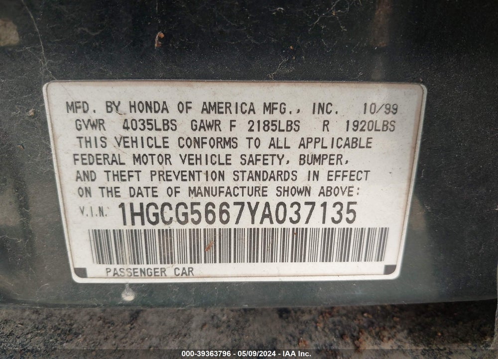 2000 HONDA ACCORD 2.3 EX VIN: 1HGCG5667YA037135