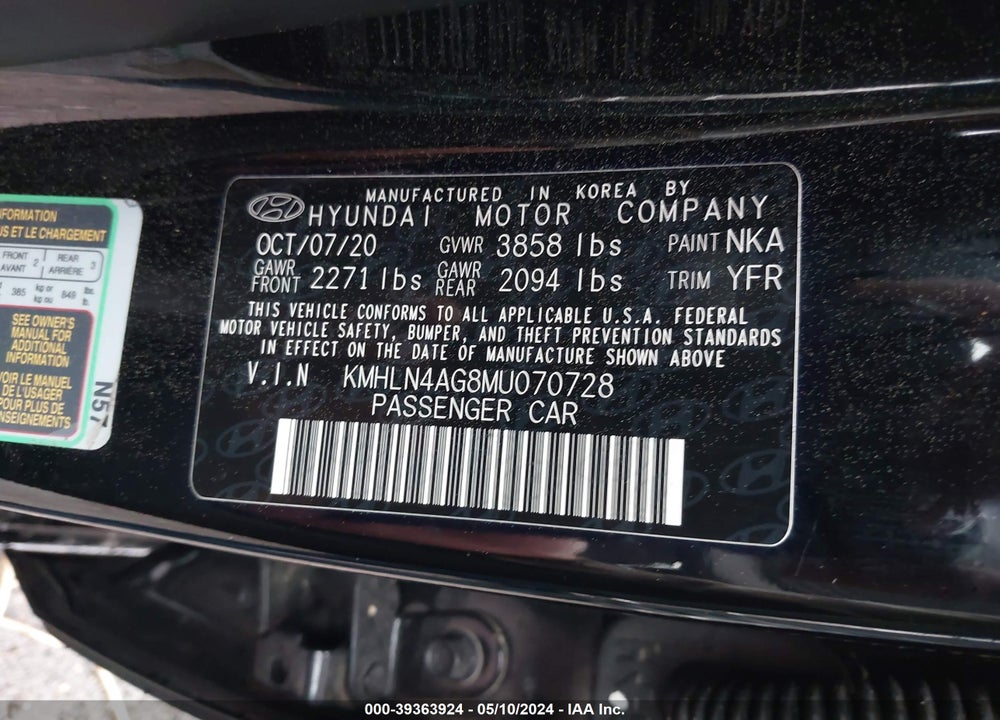 2021 HYUNDAI ELANTRA SEL VIN: KMHLN4AG8MU070728
