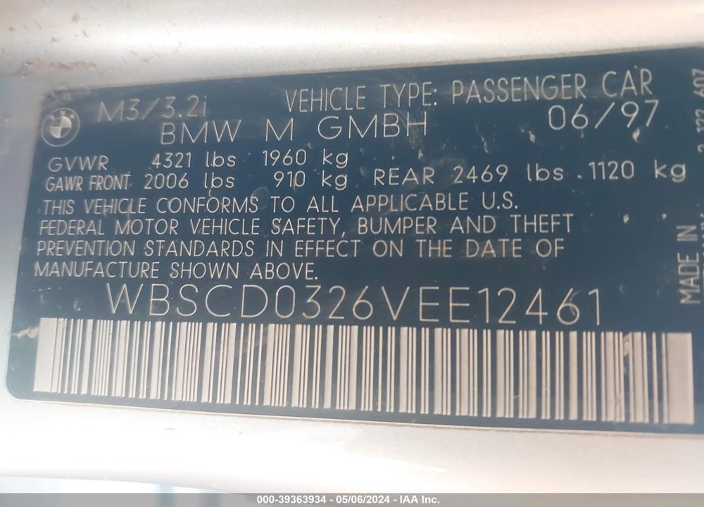 1997 BMW M3 VIN: WBSCD0326VEE12461