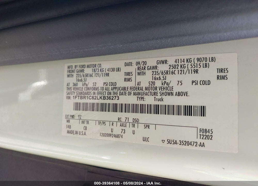 2020 FORD TRANSIT-250 VIN: 1FTBR1C82LKB36273