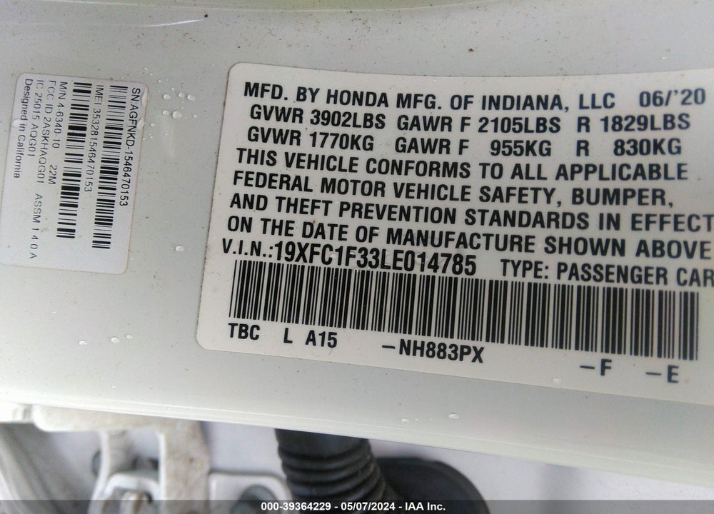 2020 HONDA CIVIC EX VIN: 19XFC1F33LE014785