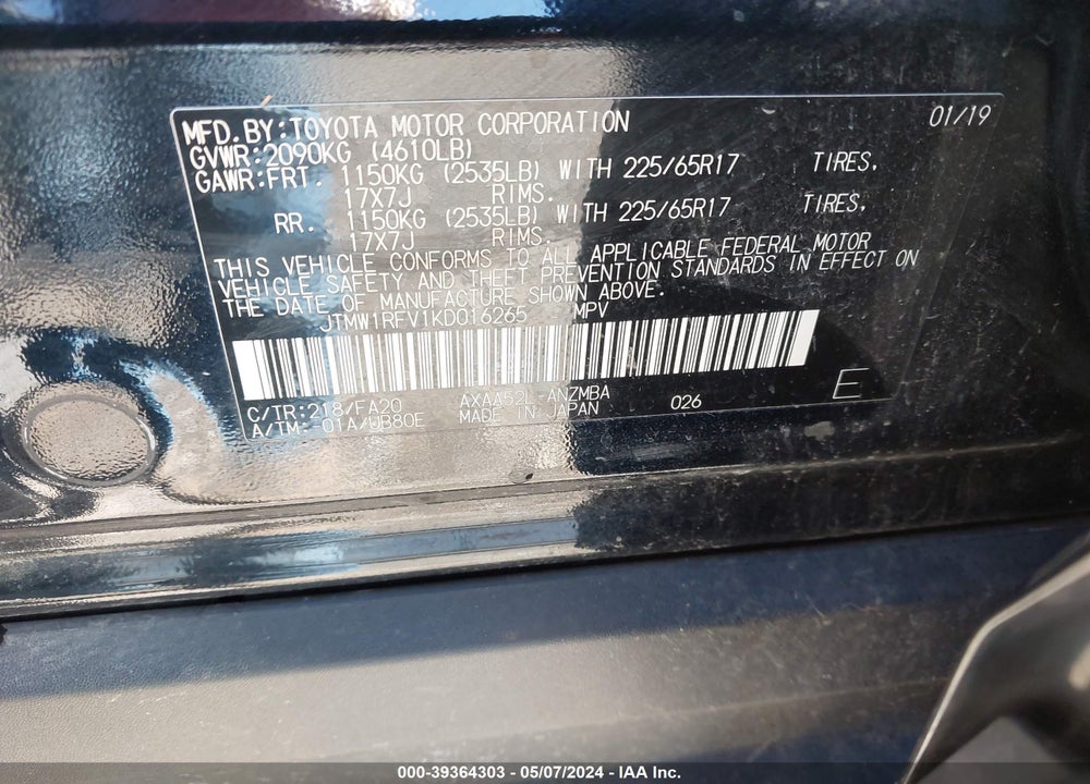 2019 TOYOTA RAV4 XLE VIN: JTMW1RFV1KD016265