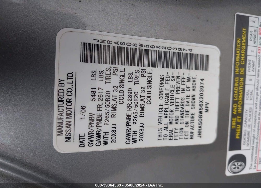 2006 INFINITI FX35 VIN: JNRAS08W56X203974