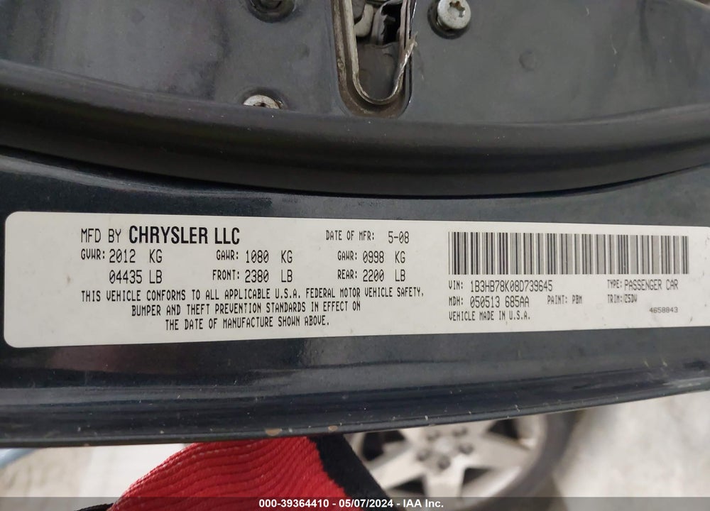 2008 DODGE CALIBER R/T VIN: 1B3HB78K08D739645